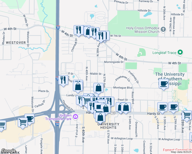 map of restaurants, bars, coffee shops, grocery stores, and more near 400 North 38th Avenue in Hattiesburg