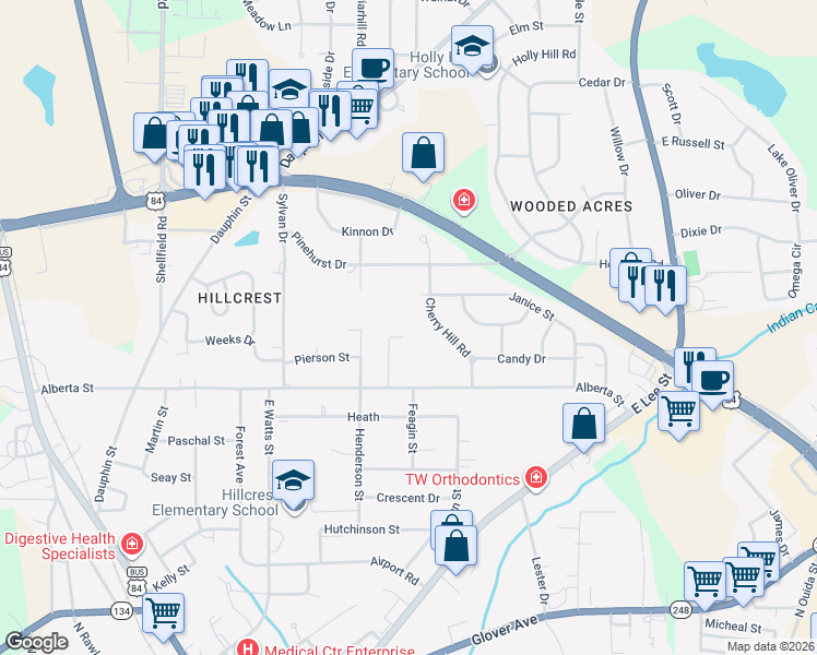 map of restaurants, bars, coffee shops, grocery stores, and more near 111-115 Laurel Circle in Enterprise