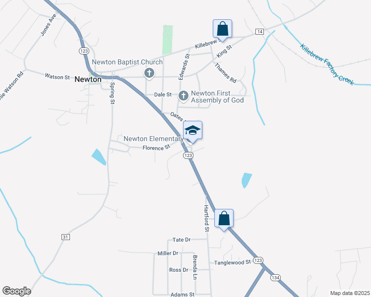 map of restaurants, bars, coffee shops, grocery stores, and more near 523 College Street in Newton