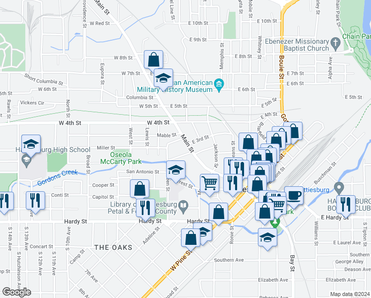 map of restaurants, bars, coffee shops, grocery stores, and more near 867 Main Street in Hattiesburg