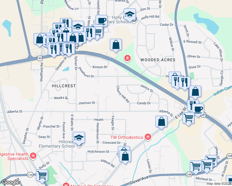 map of restaurants, bars, coffee shops, grocery stores, and more near 215 Cherryhill Road in Enterprise