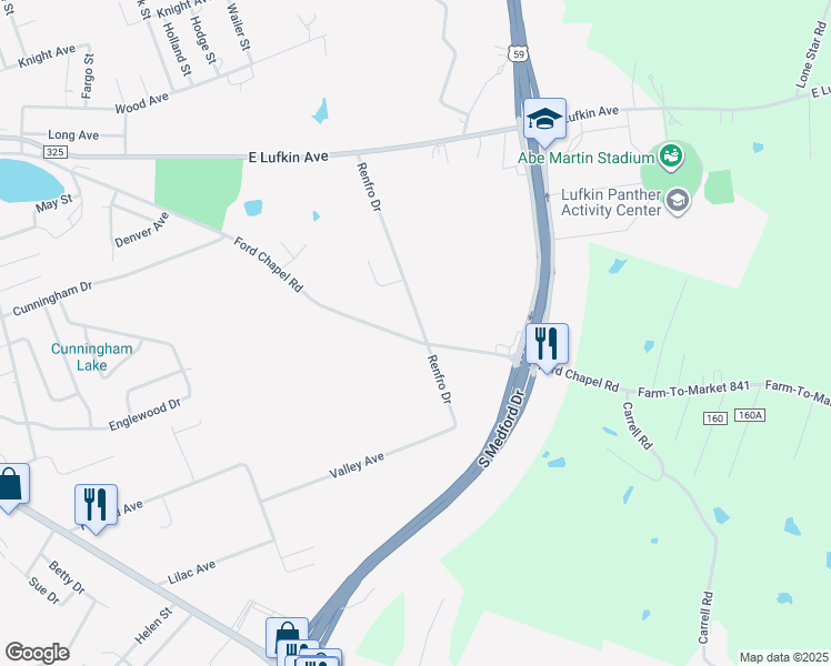 map of restaurants, bars, coffee shops, grocery stores, and more near 3107 Ford Chapel Road in Lufkin