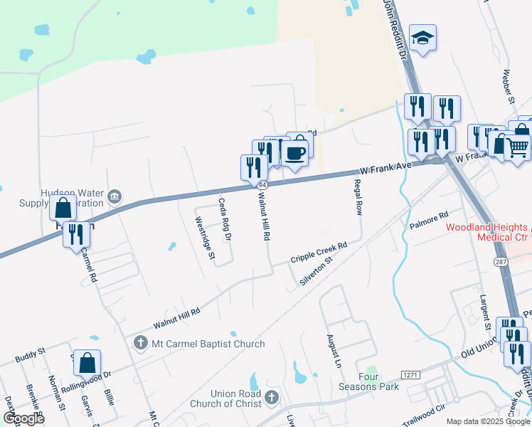 map of restaurants, bars, coffee shops, grocery stores, and more near 167 Walnut Hill Road in Lufkin