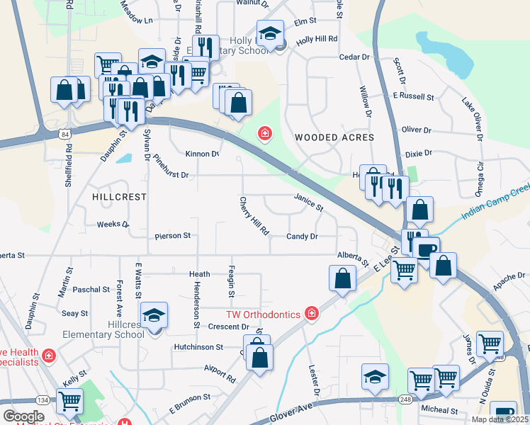 map of restaurants, bars, coffee shops, grocery stores, and more near 104 Olive Springs Drive in Enterprise