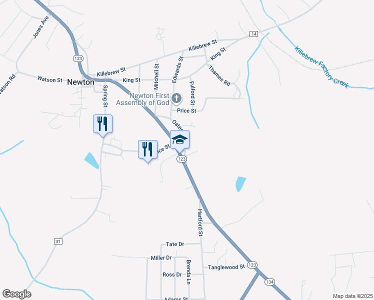 map of restaurants, bars, coffee shops, grocery stores, and more near 523 College Street in Newton
