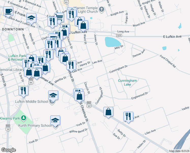 map of restaurants, bars, coffee shops, grocery stores, and more near 409 Cunningham Drive in Lufkin