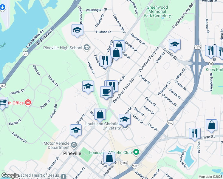 map of restaurants, bars, coffee shops, grocery stores, and more near 1400 Military Highway in Pineville
