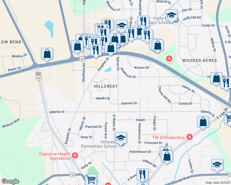 map of restaurants, bars, coffee shops, grocery stores, and more near 209 Sylvan Drive in Enterprise