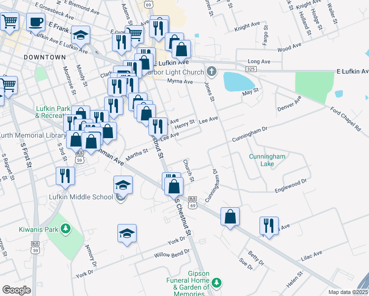 map of restaurants, bars, coffee shops, grocery stores, and more near 612 Church Street in Lufkin