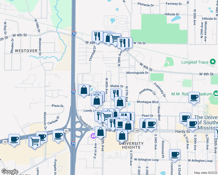 map of restaurants, bars, coffee shops, grocery stores, and more near 4001 Mable Street in Hattiesburg