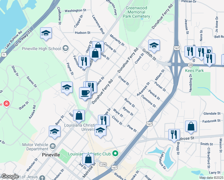 map of restaurants, bars, coffee shops, grocery stores, and more near 1419 Creed St in Pineville