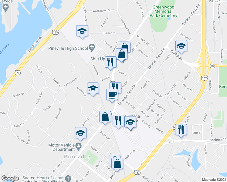 map of restaurants, bars, coffee shops, grocery stores, and more near 130 Jefferson Court in Pineville