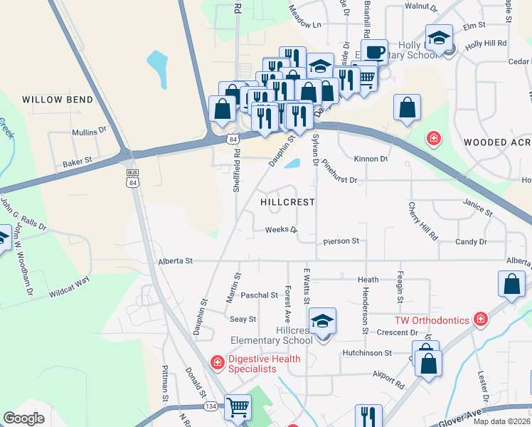 map of restaurants, bars, coffee shops, grocery stores, and more near 106 Loyola Circle in Enterprise