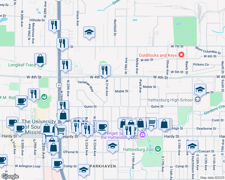 map of restaurants, bars, coffee shops, grocery stores, and more near 401 North 21st Avenue in Hattiesburg