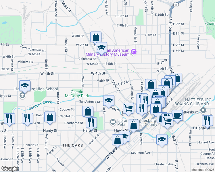 map of restaurants, bars, coffee shops, grocery stores, and more near 102 West 3rd Street in Hattiesburg