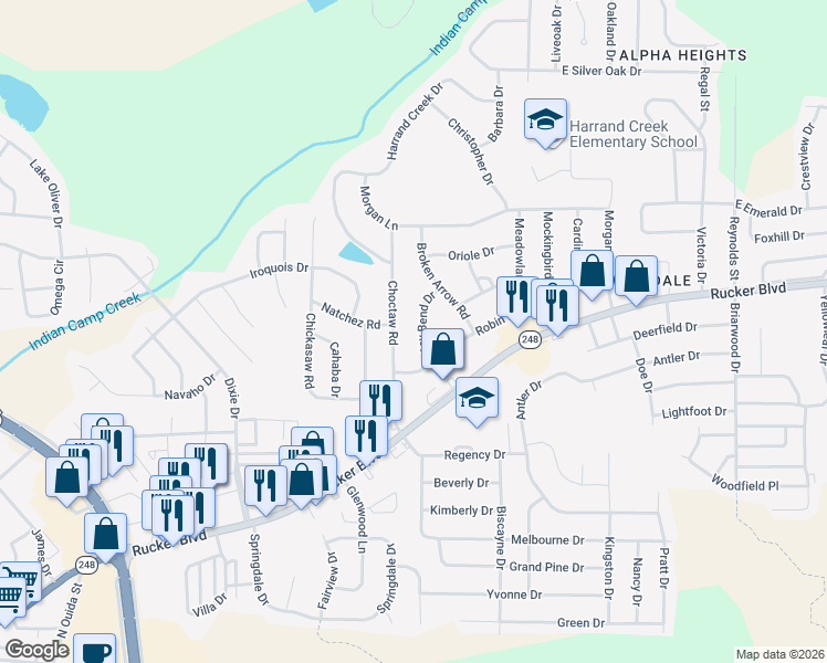 map of restaurants, bars, coffee shops, grocery stores, and more near 109 Key Bend Drive in Enterprise