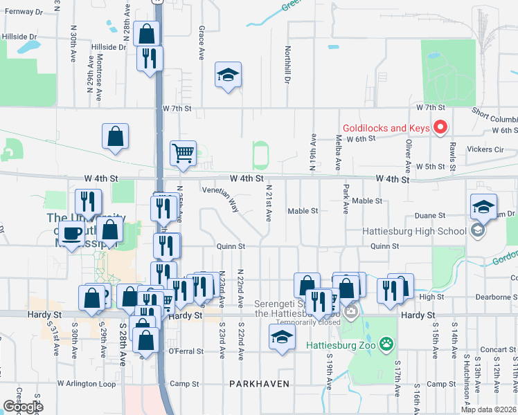 map of restaurants, bars, coffee shops, grocery stores, and more near 104 Locksley Circle in Hattiesburg