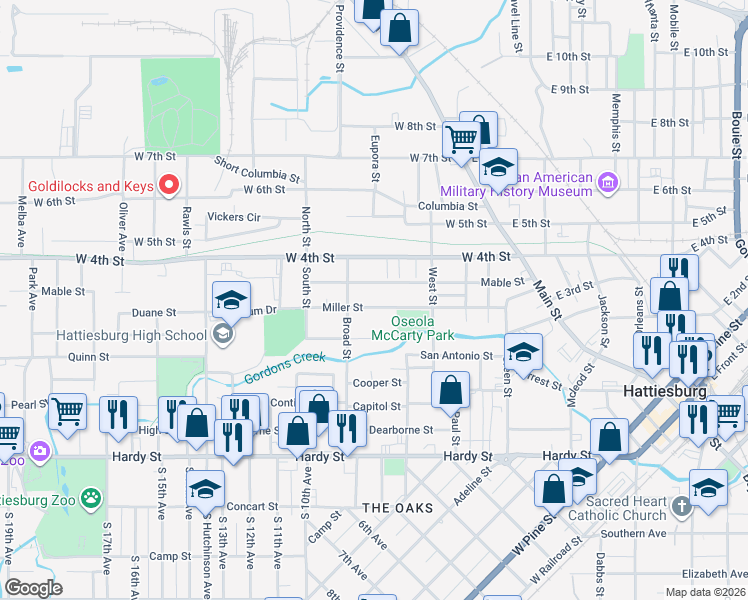 map of restaurants, bars, coffee shops, grocery stores, and more near 515 Miller Street in Hattiesburg