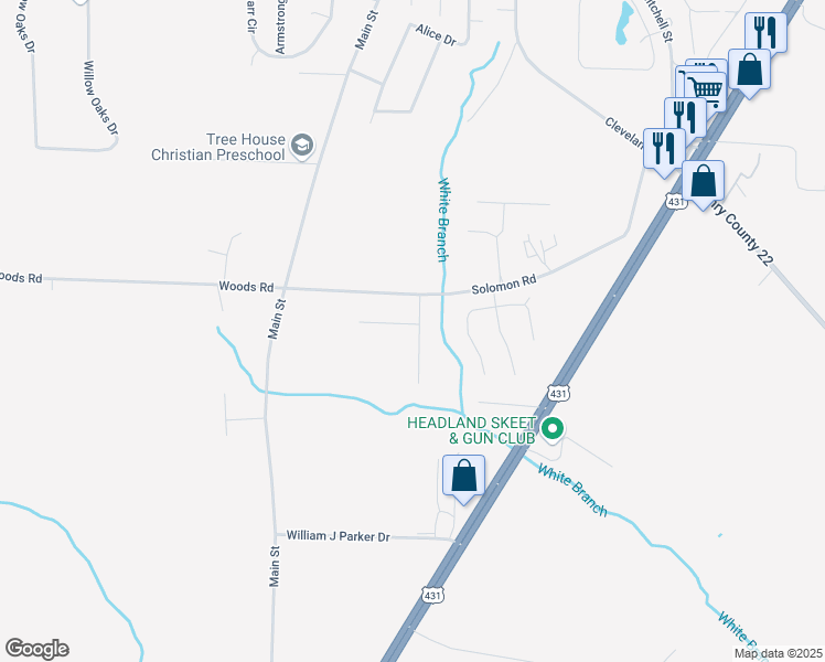 map of restaurants, bars, coffee shops, grocery stores, and more near 100 Willow Way in Headland