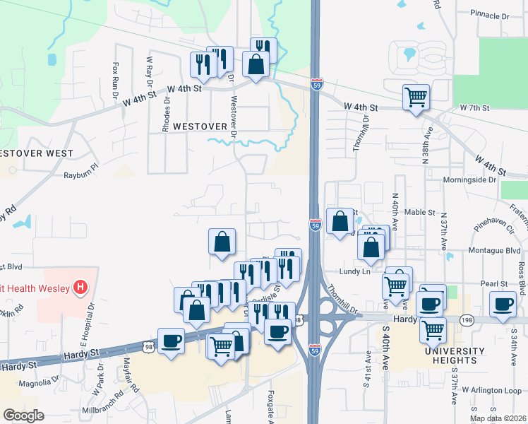 map of restaurants, bars, coffee shops, grocery stores, and more near Commerce Drive in Hattiesburg