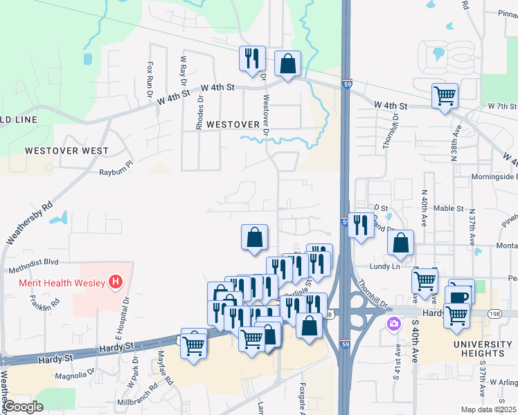 map of restaurants, bars, coffee shops, grocery stores, and more near 12 Park Place in Hattiesburg