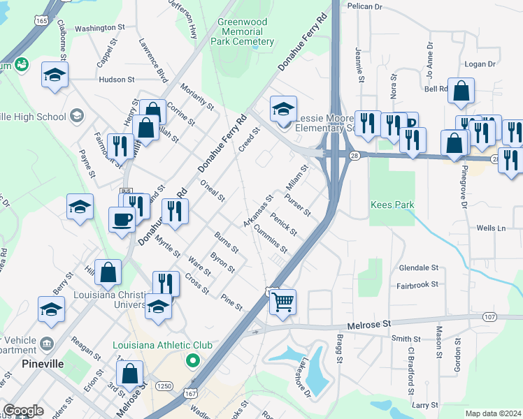 map of restaurants, bars, coffee shops, grocery stores, and more near 1024 Arkansas Street in Pineville