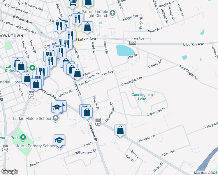 map of restaurants, bars, coffee shops, grocery stores, and more near 409 Cunningham Drive in Lufkin