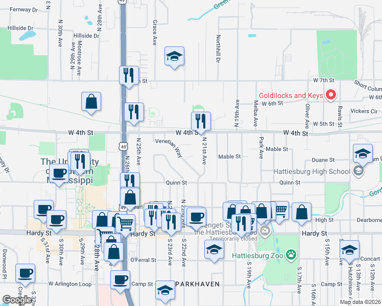 map of restaurants, bars, coffee shops, grocery stores, and more near 104 Locksley Circle in Hattiesburg