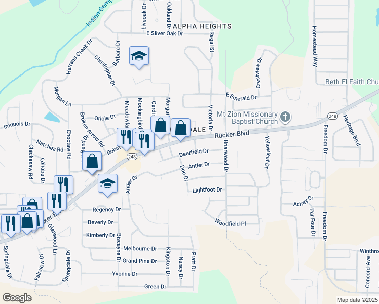map of restaurants, bars, coffee shops, grocery stores, and more near 212 Deerfield Drive in Enterprise