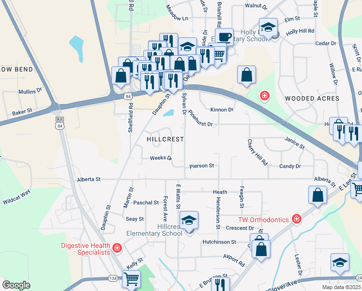 map of restaurants, bars, coffee shops, grocery stores, and more near 209 Sylvan Drive in Enterprise