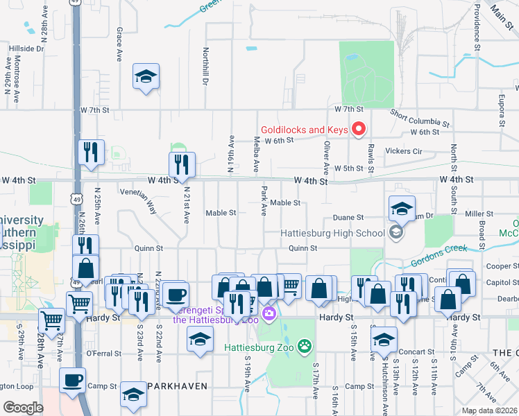 map of restaurants, bars, coffee shops, grocery stores, and more near 326 Park Avenue in Hattiesburg