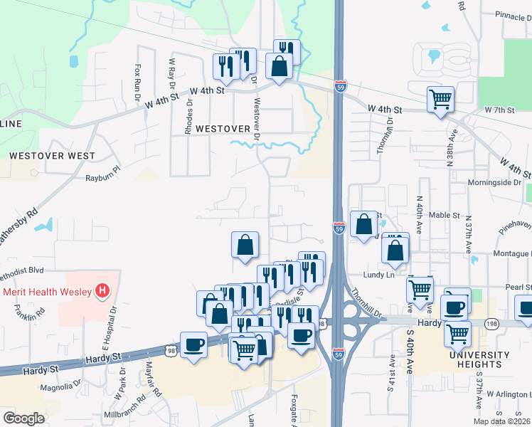 map of restaurants, bars, coffee shops, grocery stores, and more near 579 Westover Drive in Hattiesburg