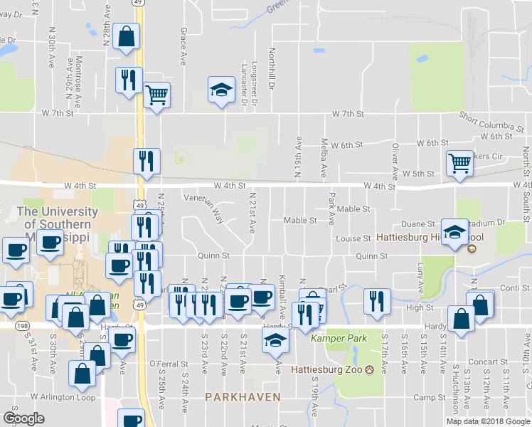 map of restaurants, bars, coffee shops, grocery stores, and more near 402 North 20th Avenue in Hattiesburg