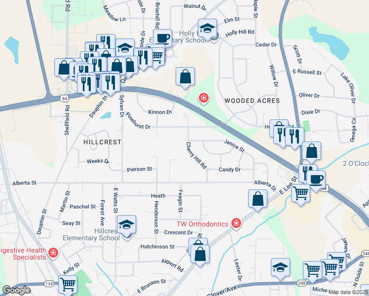 map of restaurants, bars, coffee shops, grocery stores, and more near 215 Cherryhill Road in Enterprise