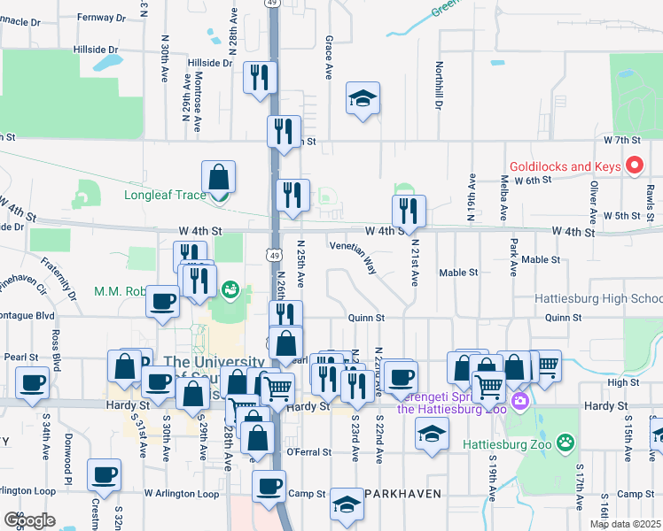 map of restaurants, bars, coffee shops, grocery stores, and more near 331 Emerson Drive in Hattiesburg