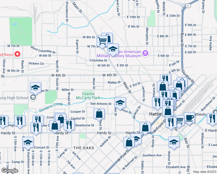 map of restaurants, bars, coffee shops, grocery stores, and more near 202 Walley Street in Hattiesburg