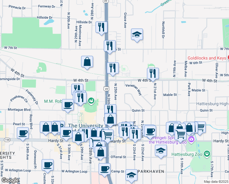 map of restaurants, bars, coffee shops, grocery stores, and more near 328 North 25th Avenue in Hattiesburg