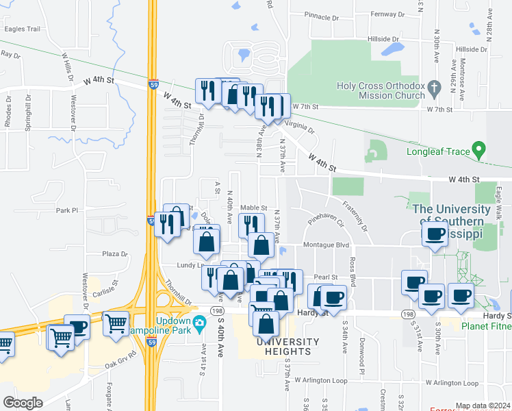 map of restaurants, bars, coffee shops, grocery stores, and more near 400 North 38th Avenue in Hattiesburg