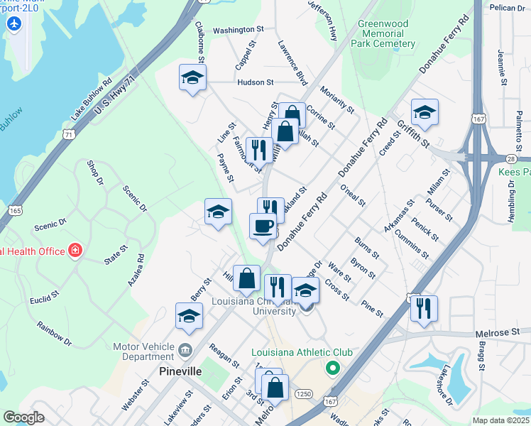 map of restaurants, bars, coffee shops, grocery stores, and more near 1400 Military Highway in Pineville