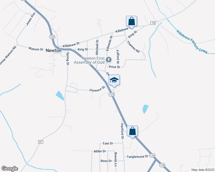 map of restaurants, bars, coffee shops, grocery stores, and more near Oates Drive in Newton