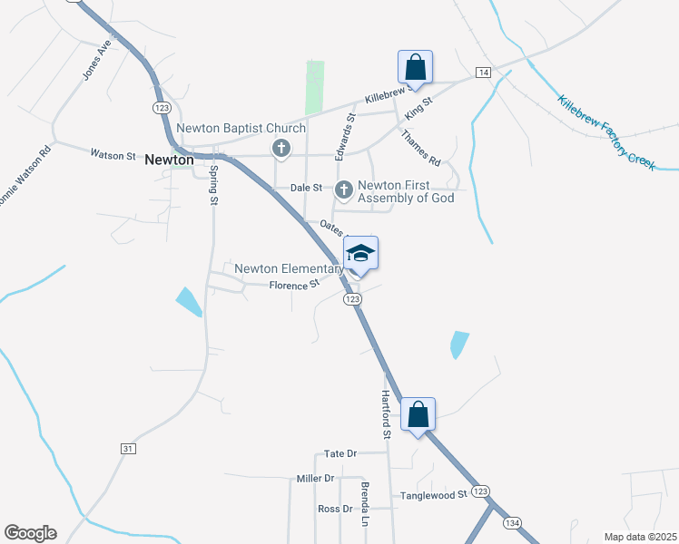map of restaurants, bars, coffee shops, grocery stores, and more near Oates Drive in Newton