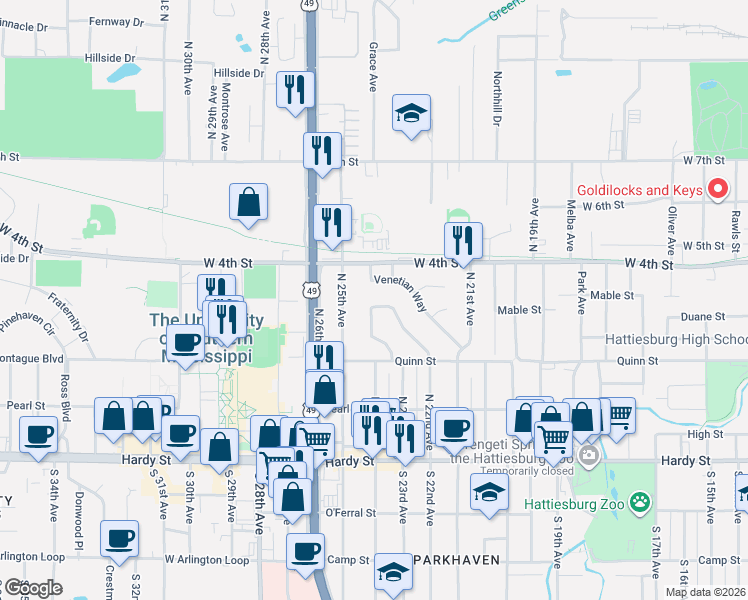 map of restaurants, bars, coffee shops, grocery stores, and more near 331 Emerson Drive in Hattiesburg