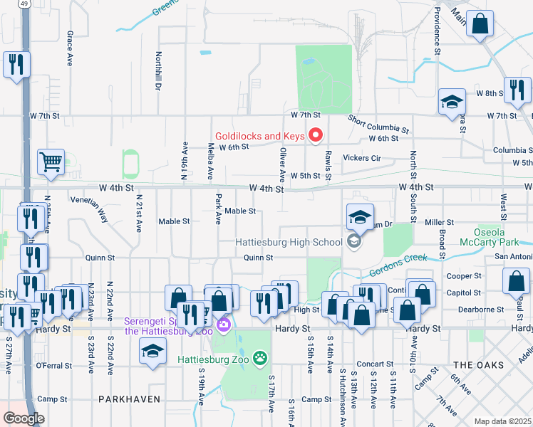 map of restaurants, bars, coffee shops, grocery stores, and more near 327 Dixie Avenue in Hattiesburg