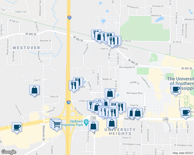 map of restaurants, bars, coffee shops, grocery stores, and more near 4001 Mable Street in Hattiesburg