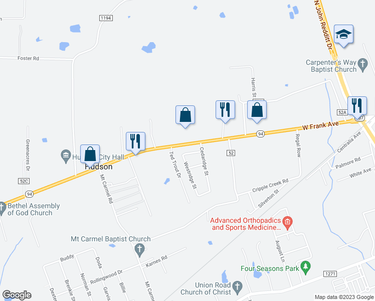 map of restaurants, bars, coffee shops, grocery stores, and more near 166 Heatherwood Street in Lufkin