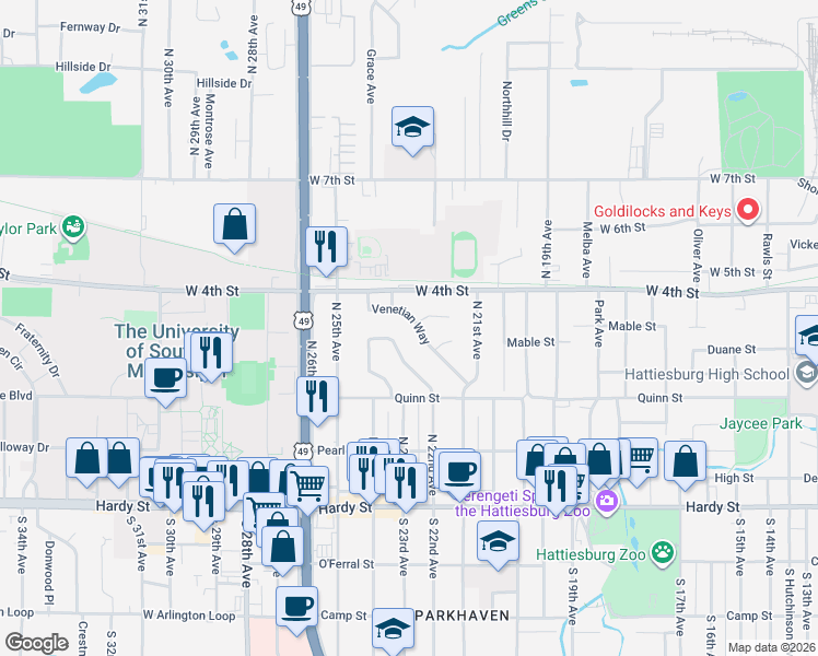 map of restaurants, bars, coffee shops, grocery stores, and more near 326 Venetian Way in Hattiesburg