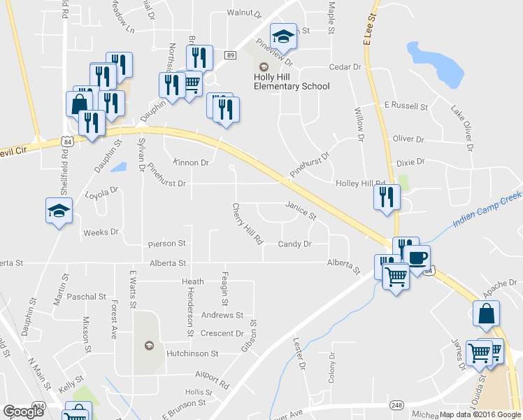 map of restaurants, bars, coffee shops, grocery stores, and more near 101 Olive Springs Drive in Enterprise