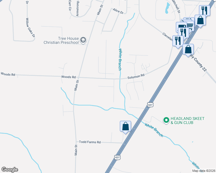 map of restaurants, bars, coffee shops, grocery stores, and more near 100 Willow Way in Headland