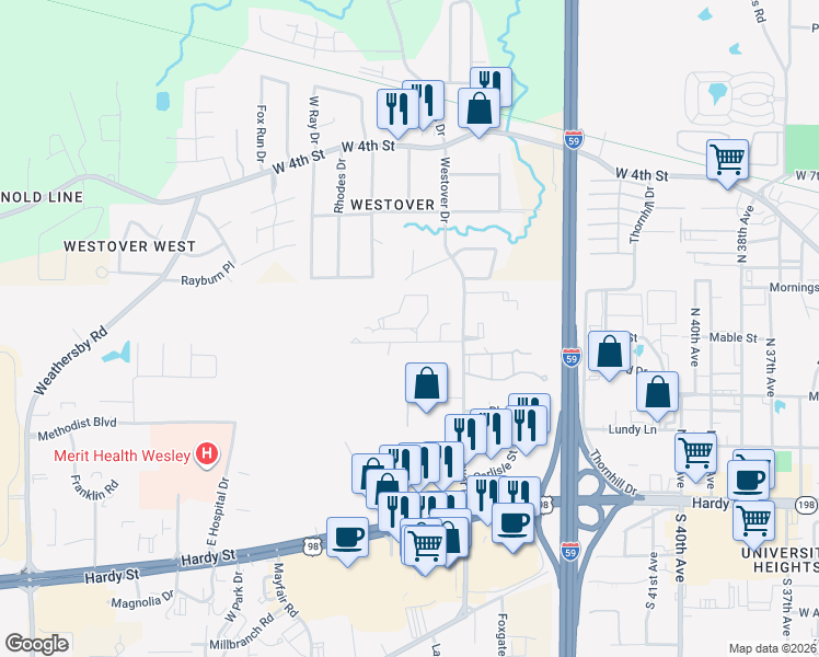 map of restaurants, bars, coffee shops, grocery stores, and more near 12 Park Place in Hattiesburg