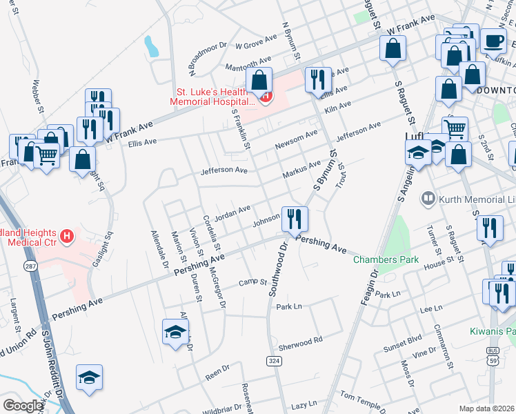 map of restaurants, bars, coffee shops, grocery stores, and more near 601 Lafayette Street in Lufkin